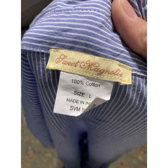 Sweet Magnolia Blue & White Long Sleeve Striped Tiered Mini Cotton Dress, L - Picture 2 of 4